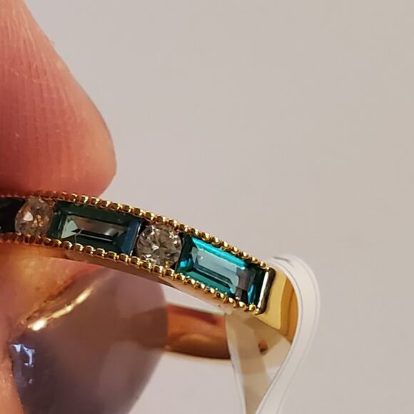 Anthropologie Brass over gold green stone Flat channel cut pattern ring Size 8 - Picture 7 of 11